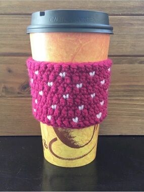 Handmade Knit Coffee Cozy - Raspberry with White Mini Hearts